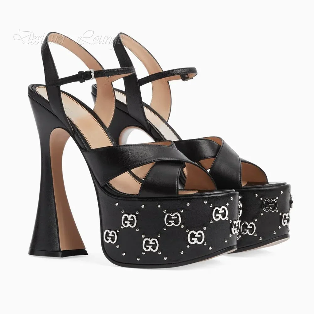 NEW GUCCI Janaya Interlocking G Studs Black Leather Platform Sandals 38.5 US 8.5